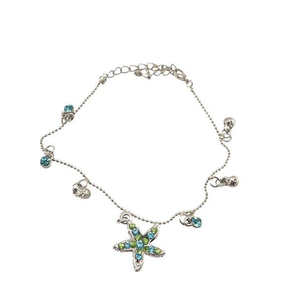 Starfish Adjustable Silver Anklet With Blue & Green Crystal Charms - Picture 1 of 5